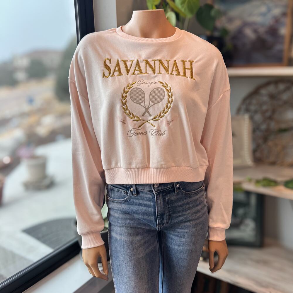 NWT Glo Fashion Savannah Georgia Tennis Club Cropped Sweatshirt Pink Francesca's